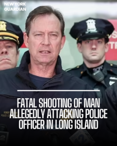A man who reportedly stabbed a police officer in the icy front garden of a Long Island home was fatally shot.