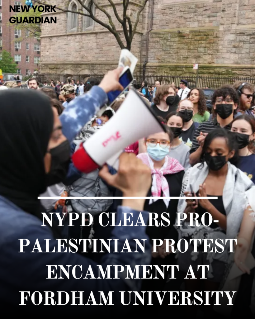 NYPD officers in riot gear dismantled a pro-Palestinian protest encampment set up on Fordham University's Lincoln Centre campus.